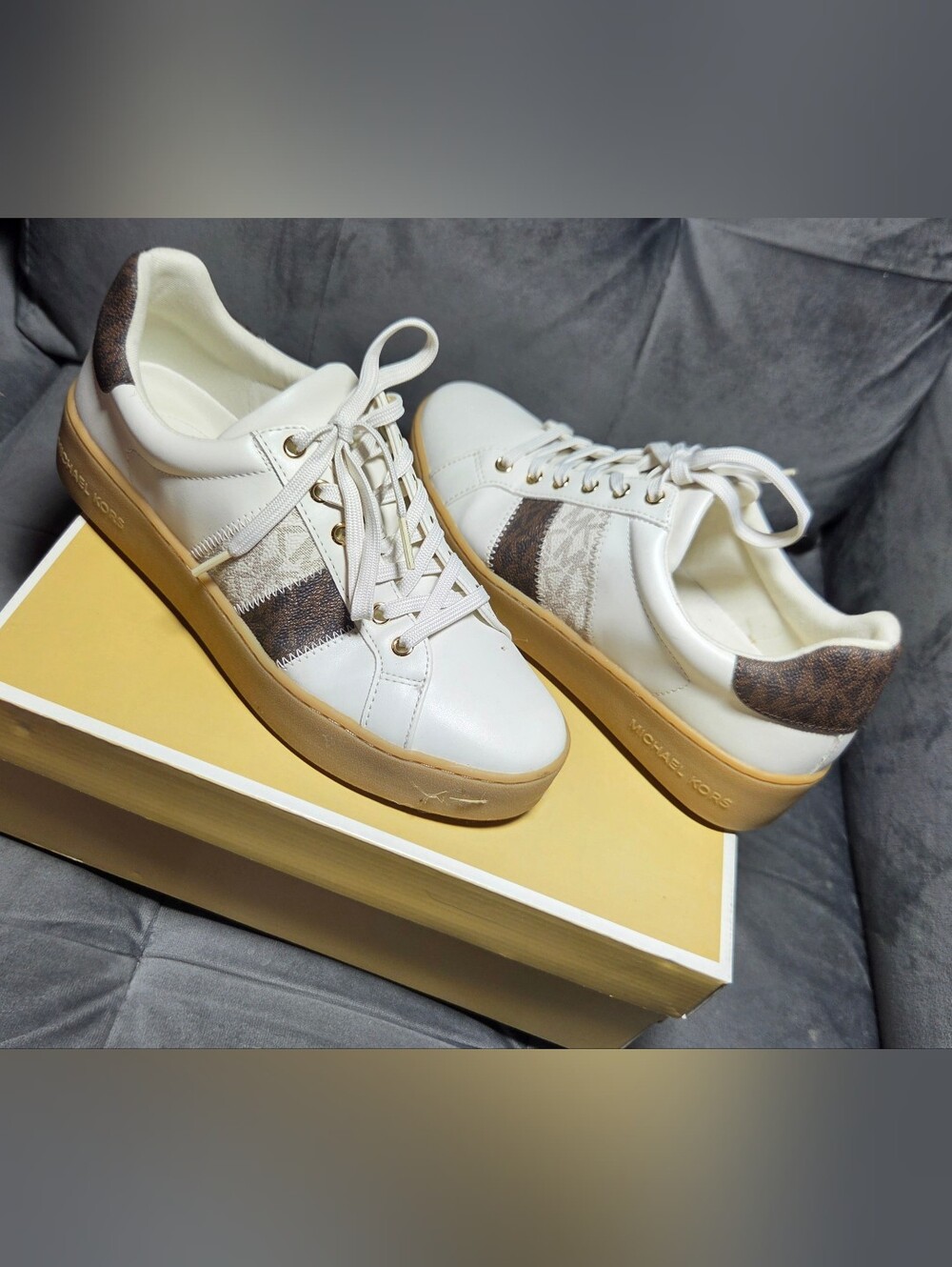 Michael Kors White Leather Sneakers with Brown Signature Stripe